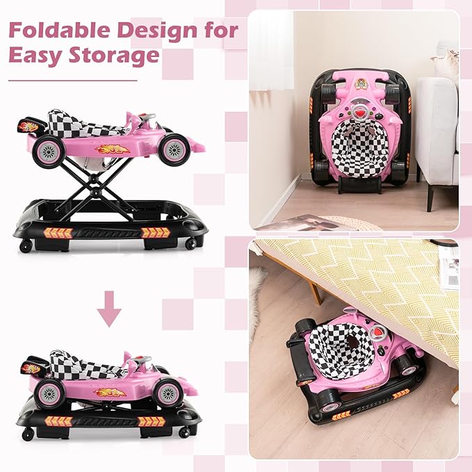 BABY JOY 4-in-1 Baby Walker, Foldable Activity Walker with Adjustable Height, Music & Lights, Anti-Rollover, Toddler Push Walker, Baby Walker with Wheels for Boys Girls 6-14 Months (Pink)