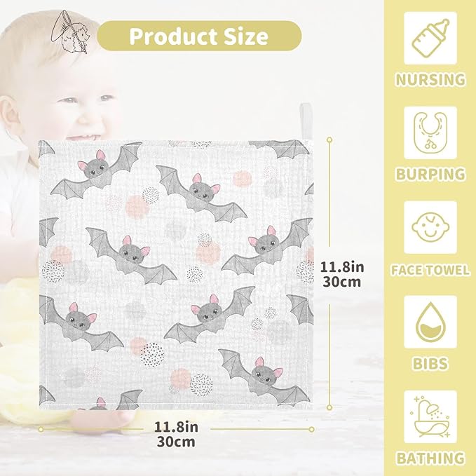 vvfelixl Cute Watercolor Flying Bats Baby Burp Cloths Baby Muslin Washcloths for Boys Girls Cotton Baby Face Towel for Newborn Infants Soft and Absorbent 11.8 X 11.8 in, 5 Pack White