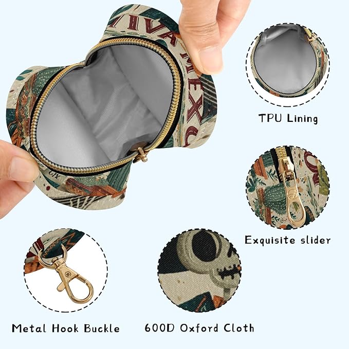 Pacifier Holder with Clip Pacifier Case for Diaper Bag Round Baby Pacifier Pouch Box Bag Portable Mexico Skull Guitar Cactus Beige