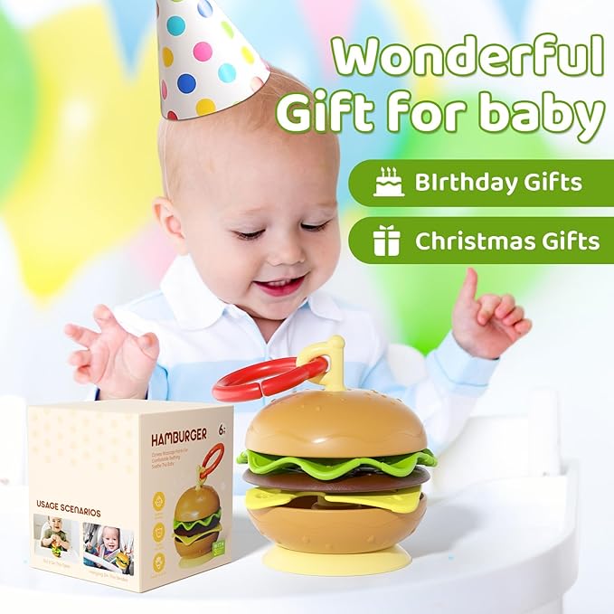 Aprilwolf Hamburger Suction Cup Toys Holder for High Chair, Stroller Baby Toys 6-12 Months & Toddlers, 3 Tethers Keep from Falling, Great for Restaurant & Car Seat Airplane Travel