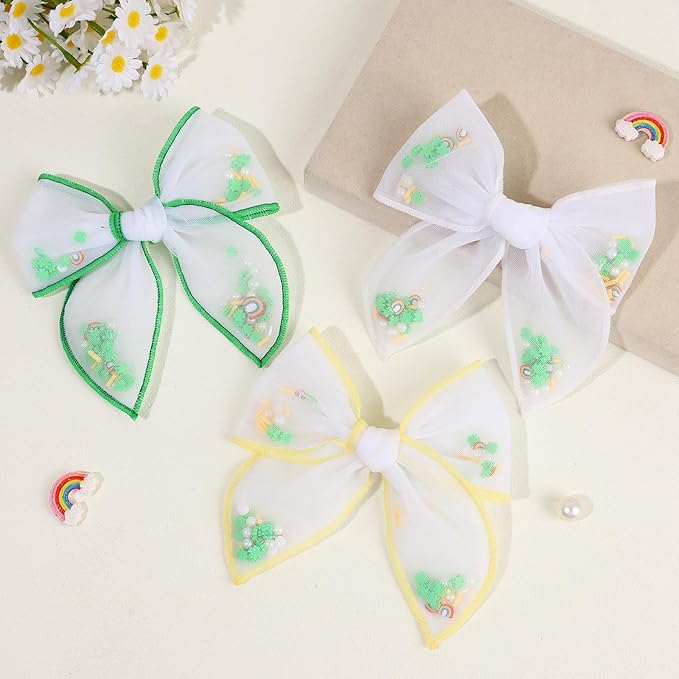 CN 6 PCS St.Patrick day Tulle Hair Bows for Girls, Toddler Bows with Glitter Star Alligator
