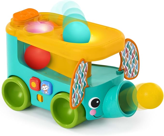 Bright Starts Pop & Roll Safari Bus Ball Play Toy, Elephant Popper and Launcher, Baby Crawling Toy, Unisex, Ages 6 Months+