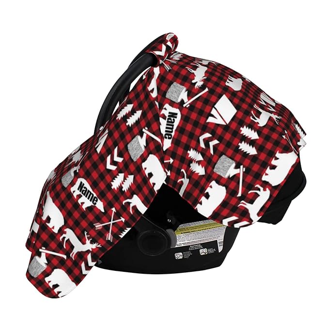 Personalized Baby Name Car Seat Covers for Babies, Custom Car seat Canopy, Peekaboo Opening Breastfeeding Cover Infant Canopies for Baby Boys Girls Newborn (Red Plaid, Woodland Deer and Bear)