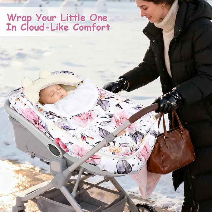 Pea Pod Winter Car Seat Cover for Baby, Infant Car Seat Canopies Cover for Newborn, Warm Plush Fleece Inner Protect Baby from Cold Wind, Stylish Floral