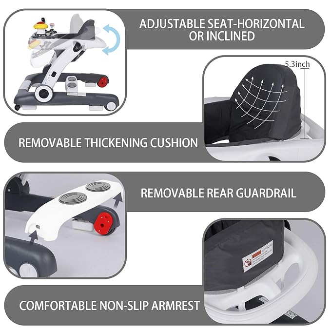 Kinder King Baby Walker with Music & Lights, 5 in 1 Baby Activity Walker with Wheel, Adjustable Height & Seat, Learning-Seated & Toddler Walk-Behind, Safety Bumper, Infant Walker Anti-Rollover, Grey