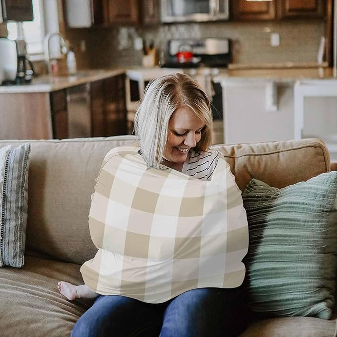 Beige White Plaid Car Seat Covers for Babies, Modern Geometric Checkered Lattice Nursing Breastfeeding Covers Stretchy Breathable Baby Carseat Canopy Cover for Girls and Boys Shower Gifts