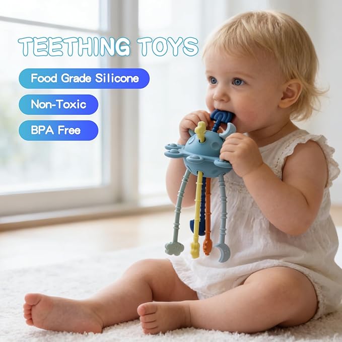 Food Grade Silicone Pull String Baby Toy, Montessori Pull String Sensory Toy for 18 Months Babies Teething Toys (Navy Blue)