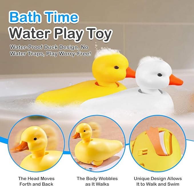 SOCBTNSO 2-Pack Duck Bathtub & Pool Toys - Realistic Walking Ducks | Waterproof Baby Bath Toys, Gift for Toddler Boys & Girls
