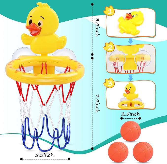 Bath Toys, Bathtub Basketball Hoop for Toddler Kids, 3 Soft No Hole Balls & Bath Basketball Hoop with Strong Suction Cup, Yellow Duck Baby Shower Bath Toys Set for Boys and Girls