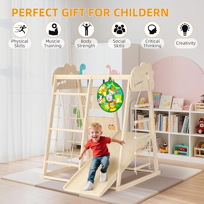 8-in-1 Indoor Playground, Indoor Jungle Gym for Kids, Wooden Montessori Climbing Toys with Rings, Slide,Rope Ladder, Monkey Bar, Climbing Net, Climbing Rock, Swing, Dart Board