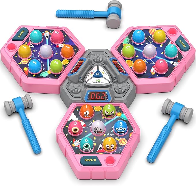 TooLion 3-Player Whack Game Mole for Kids 3-12 Boys Girls - 3 Independent Game Boards,3 Modes with Sound & Light,Safe Educational Pounding Toy,Christmas Birthday Gift for Multi-Kid Families,Pink