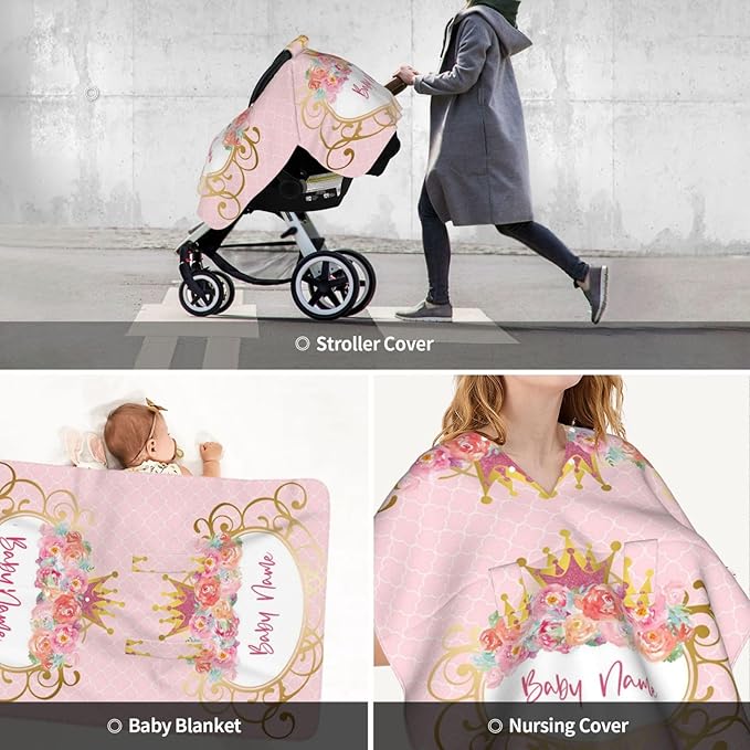 Personalized Flowers Crown, Customization Peekaboo Opening Carseat Canopy for Newborn, Breastfeeding Nursing, with Name Infant Toddler Blanket