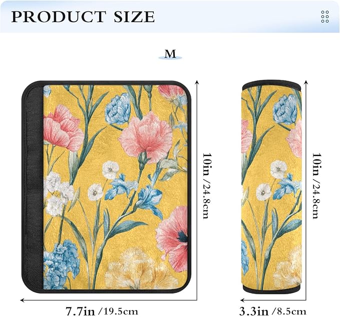 Car Seat Belt Pads Set of 2 Breathable Car Safety Seat Belt Strap Shoulder Pad for Women Men Kids M Florals Carnation Delphinium Flower Yellow