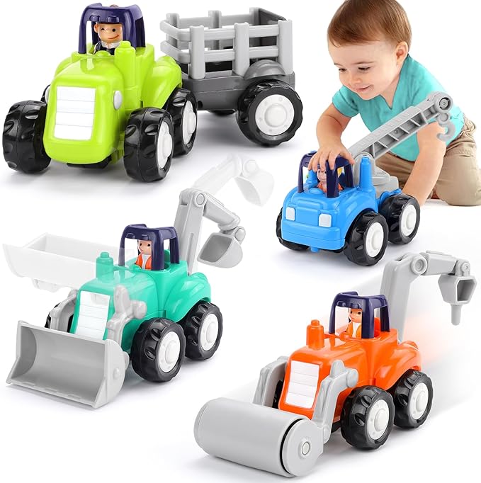 ORWINE Inertia Trucks Toy Cars, Early Educational Baby Boy Toys 18 Months, Push and Go Cars Gifts for Boys & Grils, 4PCS Construction Vehicles for Toddler Outdoor & Indoor