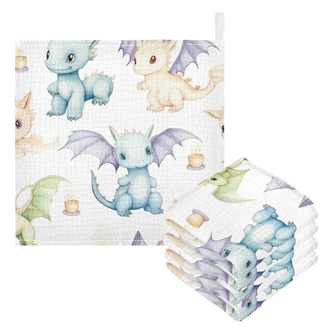 Cute Little Dragons Baby Washcloths, Soft and Absorbent Wash Cloths, Baby Bath Towel, Face Towel for Newborns, Infants, 5 Pack, 12x12 inches