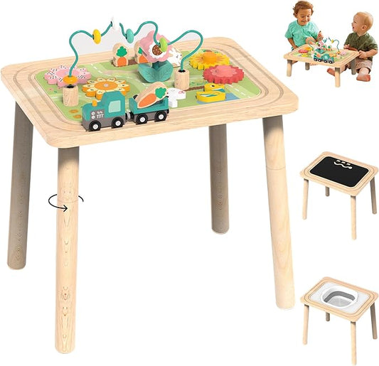 Himold Activity Table for Kids 6-36 Months, 9 in 1 Wooden Montessori Toys with Bead Maze Shape Sorter Train Toy, Baby Sensory Table Toddler Toys 1st Birthday Gifts for Kids