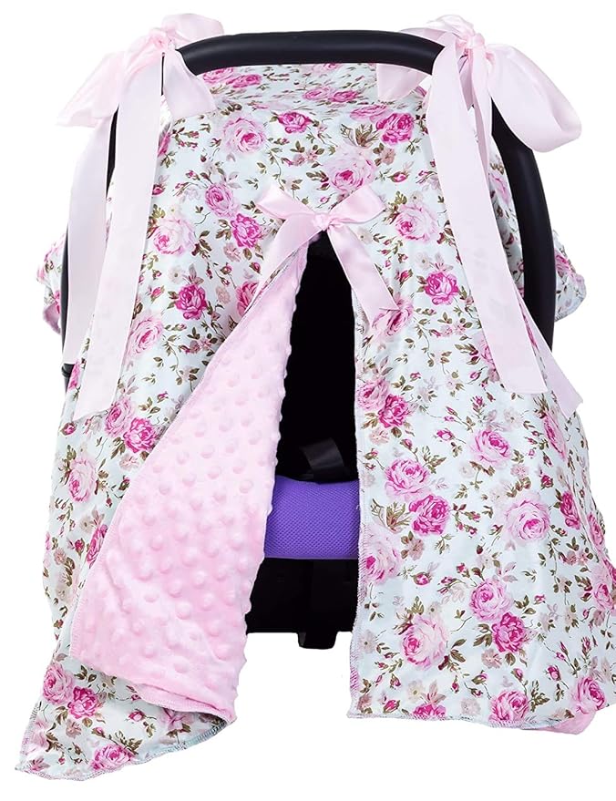 Multi-Use Baby Car Seat Covers Canopies and Breastfeeding Moms Nursing Covers Scarf, Stroller,Shopping Cart Covers, for Baby Shower Gift Pink Rose Flowers