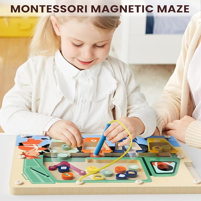 TOP BRIGHT Magnetic Color Maze Sorting Game Montessori Toys for 3+ Year Old Boys Gifts, Wooden Garbage Recycling Game Toddler Travel Toys Fine Motor Skills