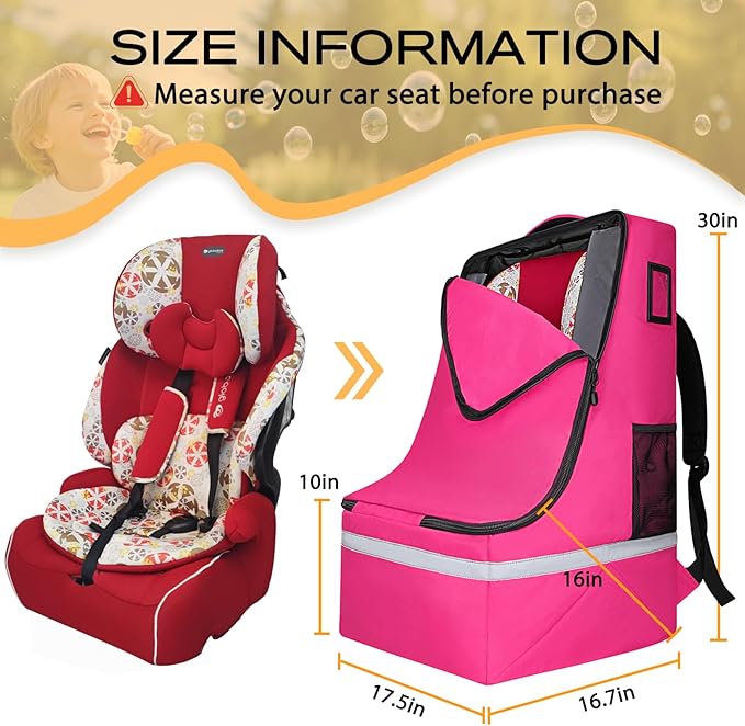 LARIPOP Car Seat Travel Bag for Airplane, Universal Gate Check Car Seat Bag, Padded Backpack with Waist Belt, Reflective Strips & Protective Feet, Fits Infant Convertible Booster Seats, Pink
