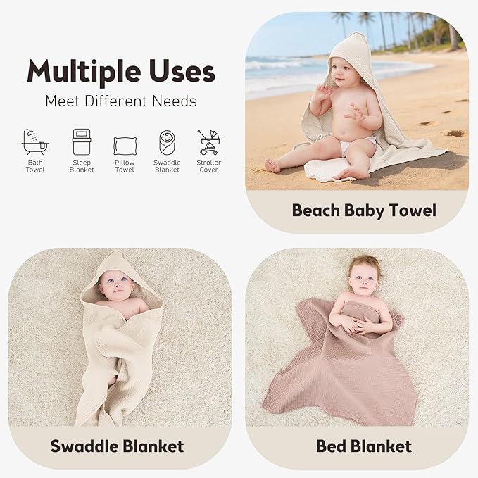 Susurration 2 Pack Thick Muslin Baby Towels, 100% Cotton Soft and Absorbent Baby Bath Hooded Towel for Newborn, Infant, Girls, Boys, Baby Essentials