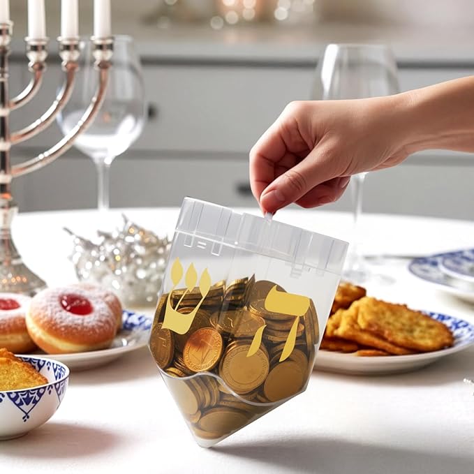 Large Fillable Dreidels for Hanukkah, Pack of 4 Plastic Dreidels Bulk, Clear Large Dreidels That Bring Joy and Tradition to Every Celebration