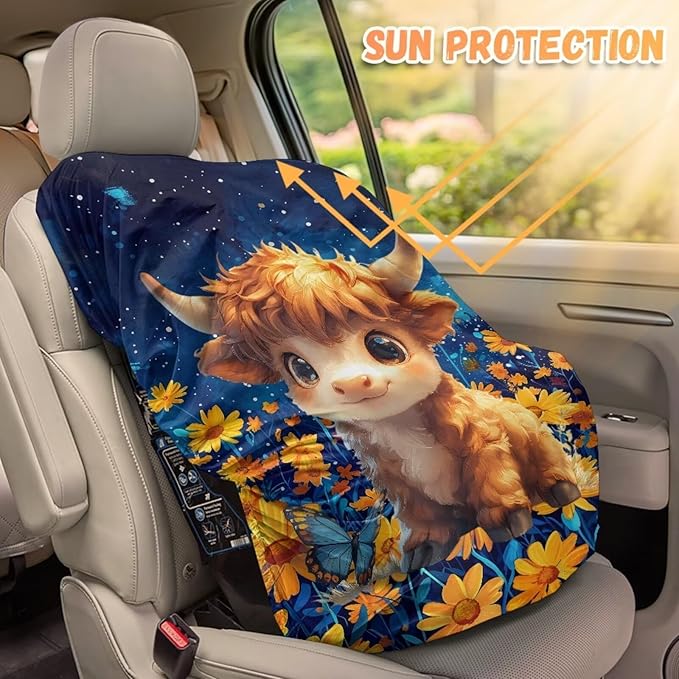 XYZCANDO Highland Cow Print Baby Car Seat Cover Cartoon Car Seat Covers for Babies Easy to Install Baby Car Seating Sun Shade Cover for Travel Novelty Car Seat Protector for Child Car Seat