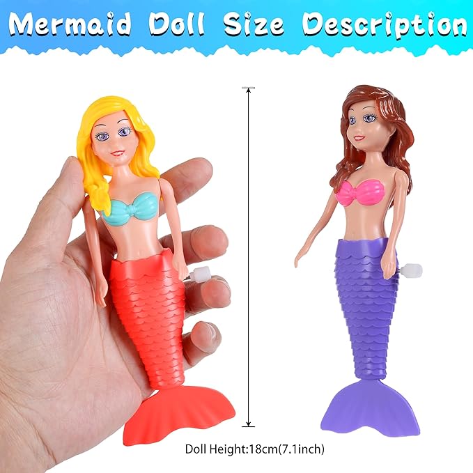 dollbie 4-Pack Wind-Up Mermaid Bath Toys for Kids -Toddler Bath Toys for Kids Moving Tail Priness Doll Diverse Hair Colors & Styles Mermaids, Swimming Pool Party Favors