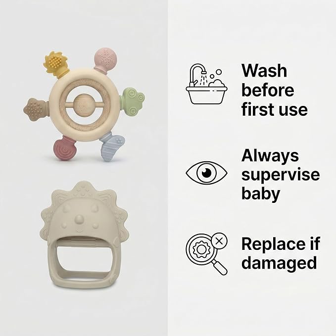 Baby Teething Toys 2 Pack, Dinosaur Mitten Teether and Ring Sun Teether with 6 Chewing Points, Silicone Chew Toys for Infants 0-6 6-12 Months, BPA Free Soothing Gum Relief Set (White)