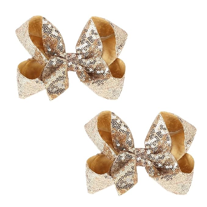 6 Inch Gold Sparkly Glitter Sequin Hair Bows for Girls Toddlers Kids Children Teenage (2PCS)
