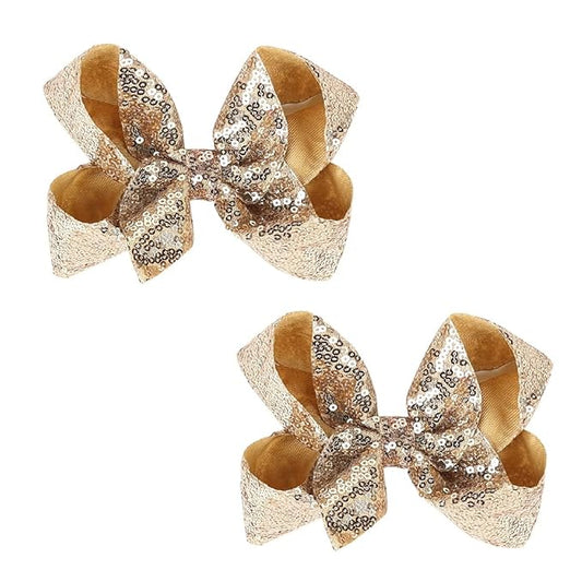 6 Inch Gold Sparkly Glitter Sequin Hair Bows for Girls Toddlers Kids Children Teenage (2PCS)