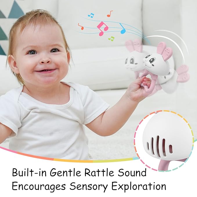 Baby's First Toy with Rattle, Easter Gifts for Babies 3 Months+, Mombella Bunny Baby Teether Toys, Easter Basket Stuffers Baby Teething Toys with Clip to Attach, Baby Chew Toys 6-12 Months, Pink