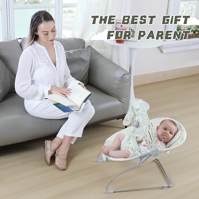 Portable Baby Bouncer Seat with 8 Melodies, 3 Vibration Levels & Adjustable Volume, Foldable Infant Bouncer Rocker with Safety Harness for Baby 0-6 Months, Indoor & Outdoor Use BR2404