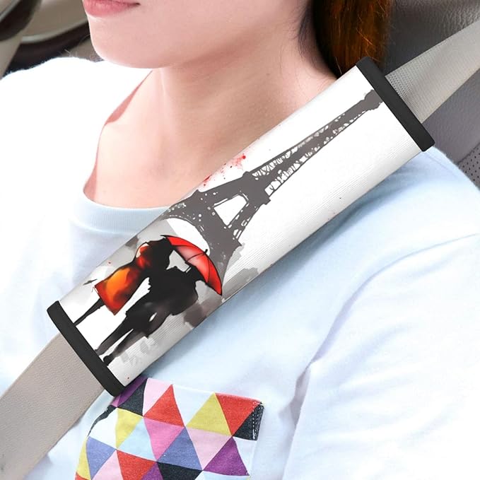 France Paris Eiffel Tower Seat Belt Cover Fits Cars Trucks SUV Sedans Air Permeability Car Seatbelt Strap Cover, Romantic Auto Interior Accessories Protector