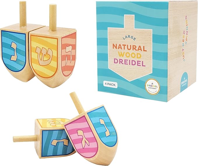 The Dreidel Company Extra Large Hand Painted Wood Hanukkah Dreidels, 4-Pack Ocean Dreidel Design