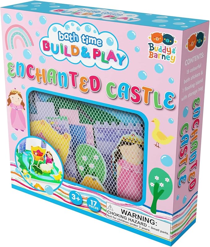 Buddy & Barney: Bath Time: Build & Play - Enchanted Castle - Floating 3D Foam Stickers, Interactive Scene, Suction Cup Mesh Bag, Water Toy, Kids 3+