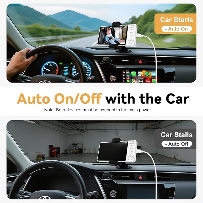 2000mAh Wireless Baby Car Camera 3500mAh Monitor Auto On/Off Car Baby Camera Monitor No Wifi - Carseat Mirror with Brightness Volume Zoom/Night Vision/Temp/Feeding/2-Way Talk/8 Lullaby/Vox
