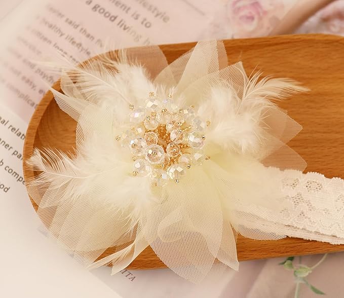 Bethynas Baby Girls Lace Feather Headband Beads Gauze Flower Elastic Toddler Hairband Birthday Party Princess Hair Accessories for Newborn Infant (White)