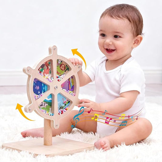 Spinning Activity Drum Toy with Sound, Montessori Wooden Sensory Toy for Babies, Perfect Birthday & Party Gift for 6-18 Months+