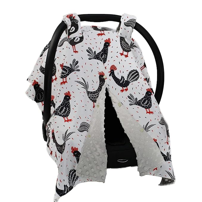 Dear Baby Gear - Baby Car Seat Canopy - Infant Car Seats Covers - Carseat Canopies for Boys and Girls - Toddler Carseat Cover with Snap Opening (Black and Red Chickens/Gray Dot 40"x30")