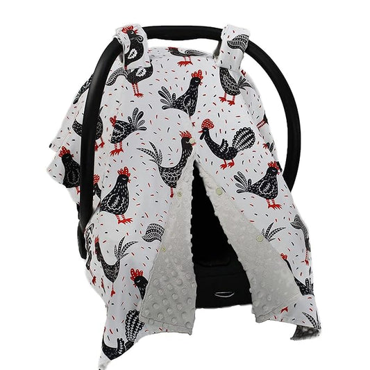 Dear Baby Gear - Baby Car Seat Canopy - Infant Car Seats Covers - Carseat Canopies for Boys and Girls - Toddler Carseat Cover with Snap Opening (Black and Red Chickens/Gray Dot 40"x30")