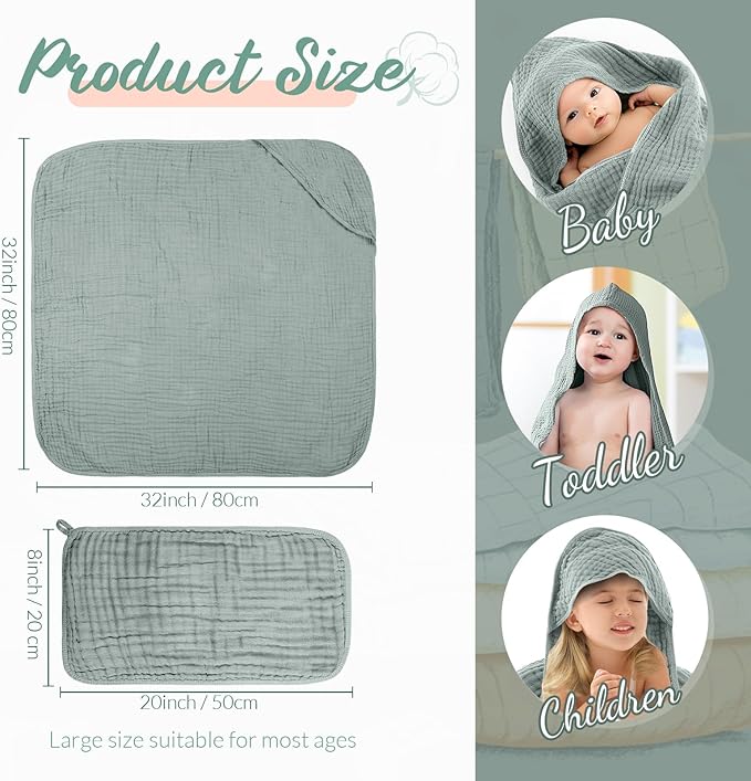 VitalCozy 8 Pcs Baby Muslin Hooded Bath Towels and Washcloths, Muslin Hooded Baby Towels Absorbent Blankets for Gift Newborn Infant Shower (Grey,Blue)