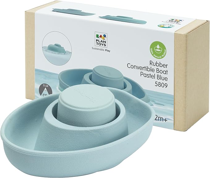 PlanToys® Pastel Blue Rubber Convertible Boat Montessori Water and Bath Play Toy | Cause & Effect, Imagination and Exploration Activity | Eco Friendly Floating Bath Toy