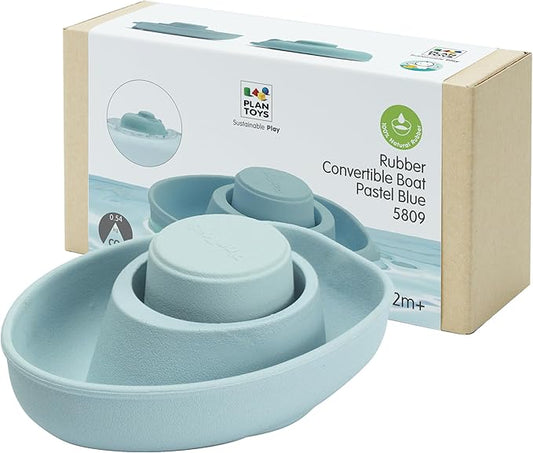 PlanToys® Pastel Blue Rubber Convertible Boat Montessori Water and Bath Play Toy | Cause & Effect, Imagination and Exploration Activity | Eco Friendly Floating Bath Toy