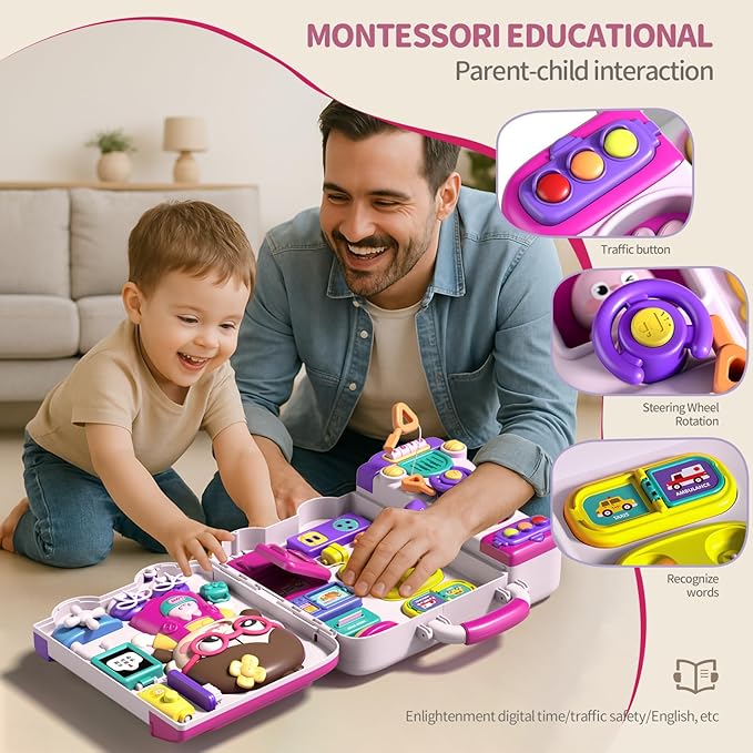 54-in-1 English & Spanish Musical Busy Board Montessori Toys, Early Educational Montessori Toy for 1 2 Year Old Girl, Bilingual Learning Toy Gifts for 1+ Year Old Girl