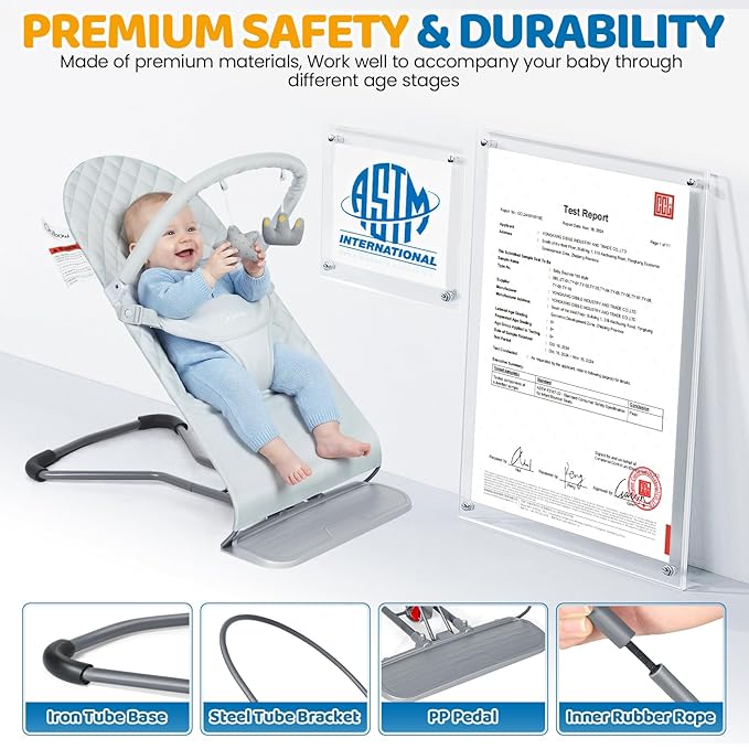Orzbow Portable Baby Bouncer, Foldable Baby Bouncer Seat with Removable Play Bar, 3 Recline Positions, Infant, 0-12 Months Up to 20 lbs, Ergonomic Design, Easy to Assembly, Grey