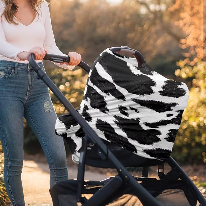 Black Cow Print Infant Carseat Cover Stylish Multi-Purpose Nursing Cover Breastfeeding Scarf Baby Shower Gifts