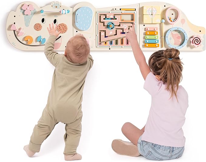 ROBUD Elephant Montessori Busy Board, 12-in-1 Activity Wall Busy Board, Montessori Sensory Wall Panel for Boys & Girls, Toddler Learning Activity Center for Playroom, Nursery, Beige
