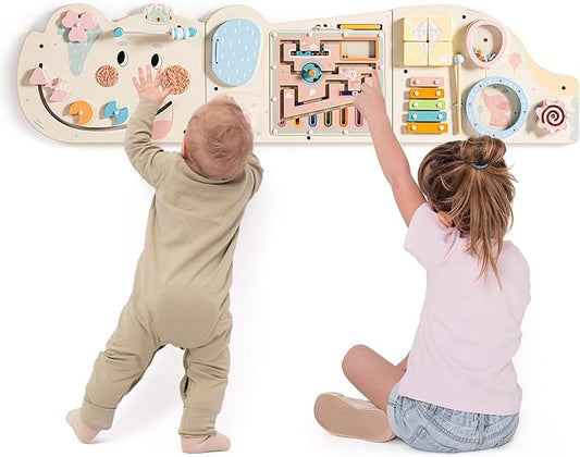 ROBUD Elephant Montessori Busy Board, 12-in-1 Activity Wall Busy Board, Montessori Sensory Wall Panel for Boys & Girls, Toddler Learning Activity Center for Playroom, Nursery, Beige