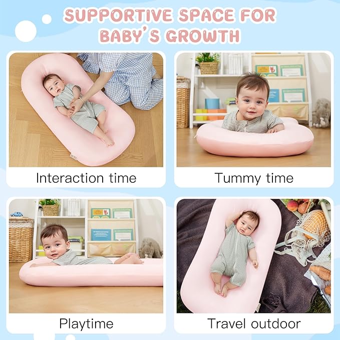 Lucakuins Infant Support Cushion, 0-24 Months Newborn Baby Support Cushion with Cover, Portable Playing Time Mat for Home and Travel, Soft Cotton, Supervised Use, Baby Essentials Gift (Lovely Pink)