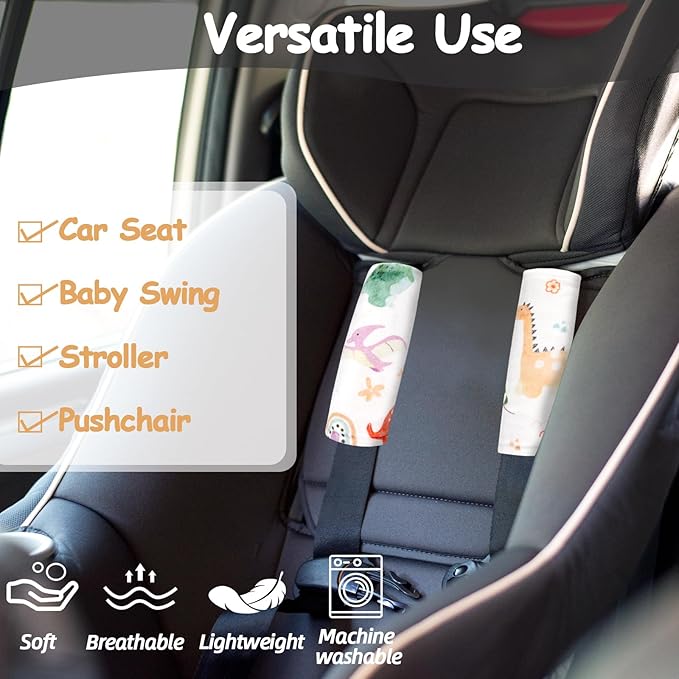 Baby Car Seat Strap Pads, Car Seat Strap Shoulder Covers for Baby Infant Toddler, Double-Sided Car Seat Belt Covers for Stroller/Pushchair/Baby Swing, Soft Flannel, Dinosaur
